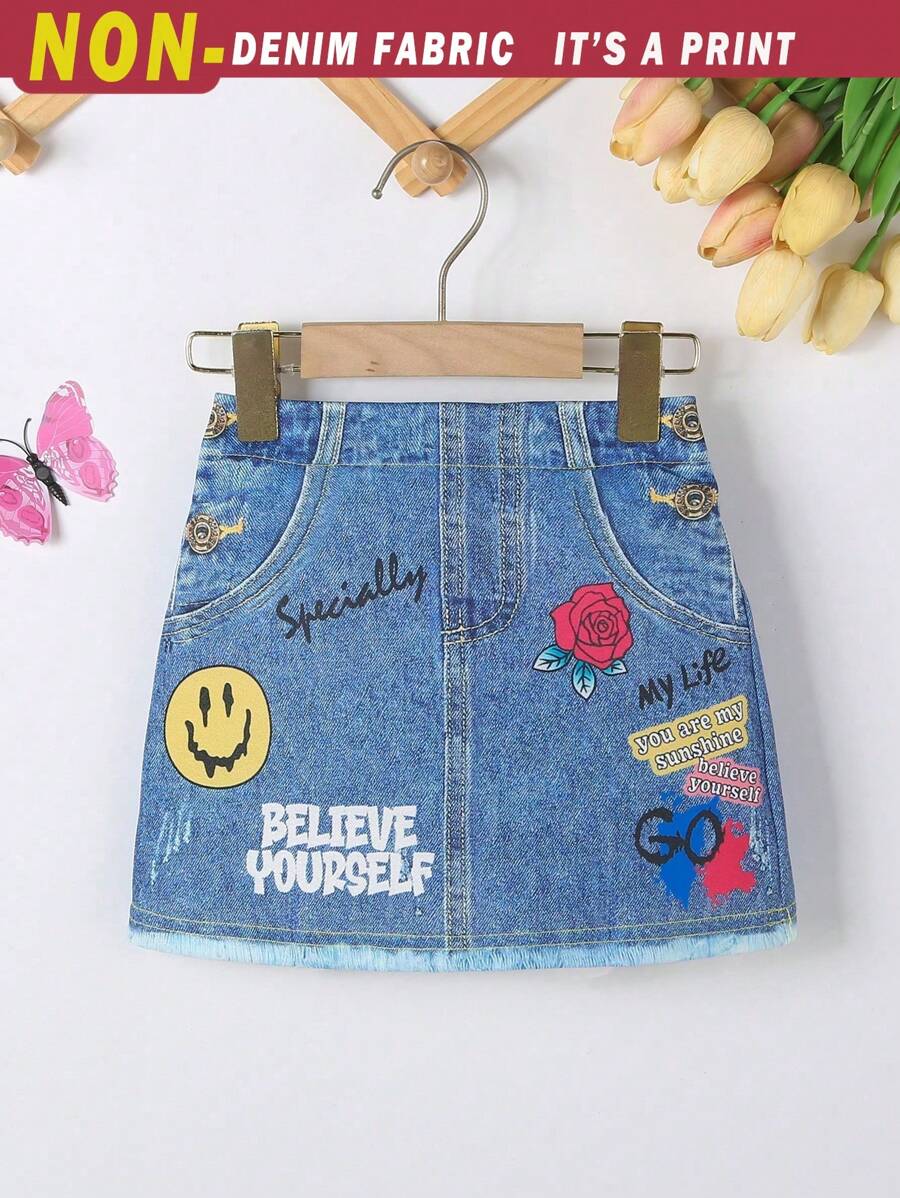 SHEIN New Arrival Spring/Summer Girls Casual 4-7 Years Old Young Girl Outdoor Party Wear Denim Effect Printed Star Pattern A-Line Skirt
