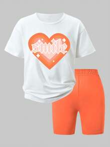 SHEIN Explorewe 2pcs/Set Tween Girls Comfortable Heart Print Short Sleeve T-Shirt And Skinny Shorts, Suitable For Outdoor And Sports Outfits For Teens Summer Set, School, Campus, College Summer Holiday - Orange - View 3