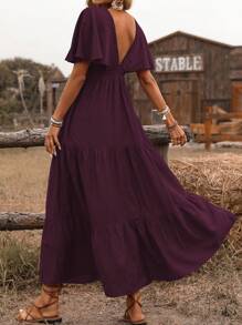 Breezaya فستان طويل بطبقات رخو وأكمام فضفاضة، من لون واحد بطراز بوهيمي لعطلات الشاطئ، رقبة على شكل حرف V وكشكشة، مناسب للربيع/الصيف - لون كستنائي - مشاهدة 2