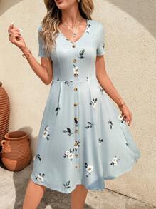 SHEIN Clasi V-Neck Button Red Polka Dot Waist Cinched Women Dress,Spring Clothes,Valentine Day Dress Women Vacation Dress,Summer Dresses For Women - Green - View 5