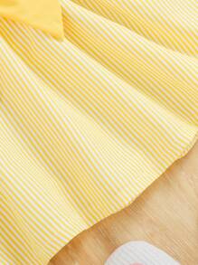 SHEIN Playful Pals Baby/Toddler Girl Striped Ruffle Trim Bowknot Front Pink Dress, Casual Fashionable Infant OOTD Dress, Spring/Summer - Yellow - View 6
