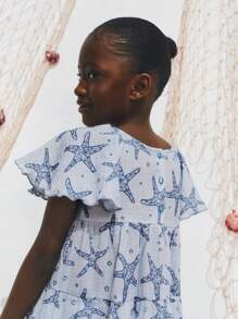 SHEIN Young Girls Summer Ruffled Sleeve Starfish Print Dresses - Multicolor - View 5
