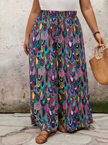 SHEIN CURVE+ 加大码全印花松紧腰系带超阔腿裤，海滩风、波西米亚风、猎豹印花，女士夏季服装，度假风、飘逸裤装、加大曲线、波西米亚度假风 - 彩色 - 查看 9