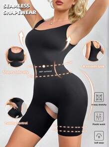 Women Plain Color Camisole Bodysuit With Open-Crotch Shaping Shorts