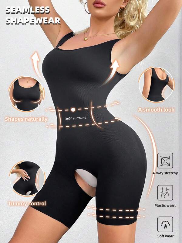 Women Plain Color Camisole Bodysuit With Open-Crotch Shaping Shorts