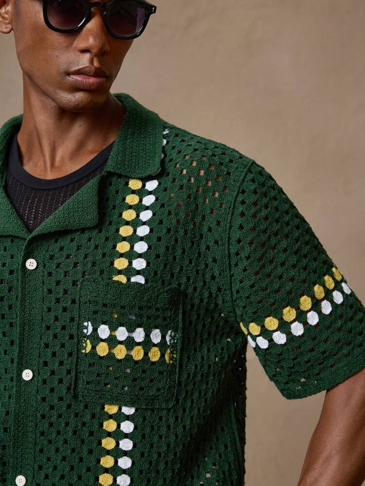 Men's Knitted Green Casual Loose Fit Reversible Collar Short Sleeve Cardigan Shirt, Suitable For Summer, Vacation, Daily Matching, Party, Couples, Men's Gift