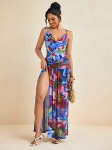 Cheerfulab Summer Floral Printed Halter Neck Straps Bodysuits Women Sexy Bodysuits Vacation Outfits - Multicolor - View 7