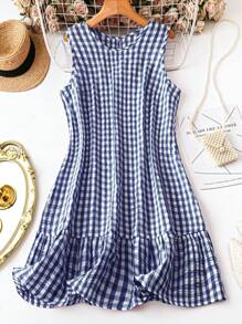 SHEIN LUNE Plus-Size Women'S Summer Boho Two-Tone Plaid Crew Neck Sleeveless A-Swing Holiday Dress - Navy Blue - View 1