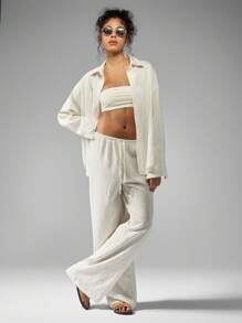 MISSGUIDED Linen Striped Two-Piece Set Oversized Button Down Shirt Wide Leg Pants Lightweight Resort Wear Summer Vacation Beach Lounge Set Casual Weekend Coordinates - White - View 1