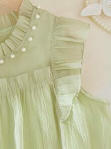 Vestido de tutú de princesa para niñas en verano con cuello redondo, sin mangas, decoración de perlas y tela de malla