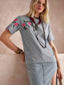 EURMUSE 100% 纯棉花卉刺绣圆领 T 恤