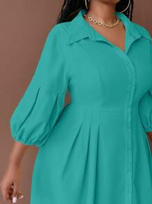 Maweii Plus Size Solid Color Shirt Collar Button Front Mid-Length Sleeve Pleated Casual Midi Dress Maxi Women Outfit - Teal Blue - View 6