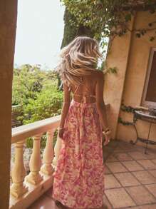 Aralina Vestido Floral Decotado nas Costas Feminino, Para Férias de Verão - Laranja Queimado - Visão 5