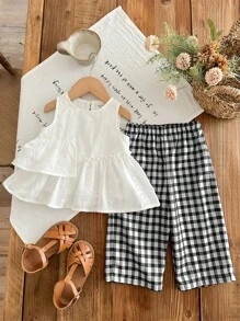 SHEIN LMoss Kids Baby Girls Fashionable Summer Plaid Print Pants And Embroidered Camisole 2pcs Set - Black - View 7