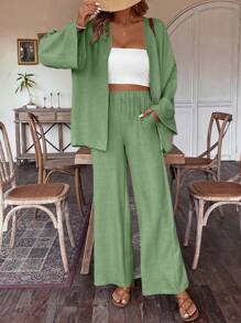 Chiquease 2 件套女士亚麻夹克和阔腿裤套装，春夏 - 綠色 - 查看 5