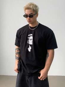 DAZY 夏季男士深色图案肖像黑色 T 恤 - 黑色 - 查看 6