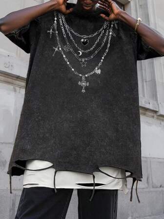 Goth Camiseta con estampado de copos de nieve desgastados, accesorio de moda para hombre