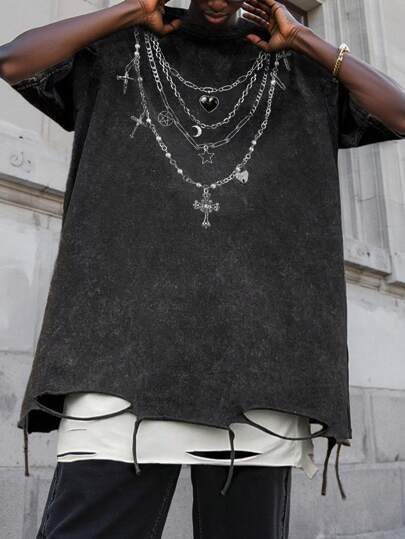 Goth Camiseta de hombre con estampado, efecto desgastado y lavado con ácido