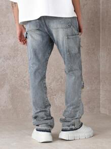 SUMWON 泼漆喇叭牛仔裤，做旧牛仔布，毛边细节，街头风格下装，高级时尚都市服饰，秋冬系列