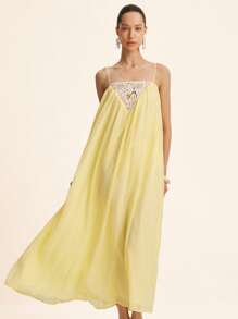 SHEIN Unity Elegant Chiffon V-Neck Dress,White And Yellow Summer Brunch Resort Style,Ruched Yoke Contrast Lace,Luxurious Casual Party Cocktail Boho Vacation - Yellow - View 4