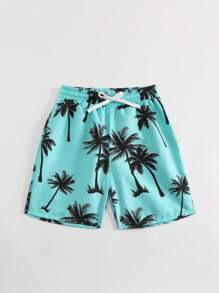 SHEIN Tween Boys Coconut Tree Print Woven Fabric Swim Shorts - Blue - View 6
