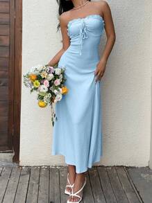 SHEIN Unity Women's Solid Color Frill Trim Front Tie Fitted Dress - Baby Blue - View 4