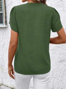 SHEIN Clasi Women's Casual Green Polyester Blouse With Notched Neckline, Short Puff Sleeves, And Delicate Floral Embroidery Detail - Green - View 2