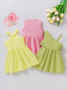 SHEIN Playful Pals 3pcs/Set Baby Girls Fashionable Dopamine Color Design Sleeveless Dress Set, Ideal For Outdoor In Summer - Multicolor - View 3