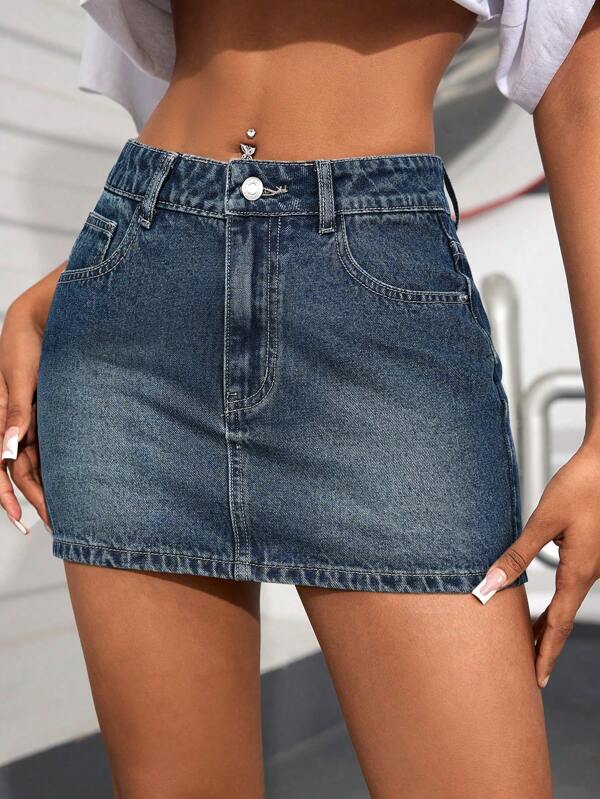 SHEIN PETITE Jupe mini en jean polyvalente et casual avec poches pour femmes