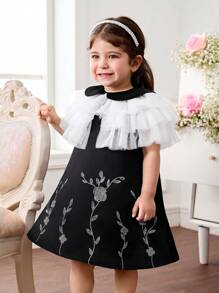Baby Girl Elegant Floral Print Peter Pan Collar Dress With Chiffon Shawl Set - Black - View 7