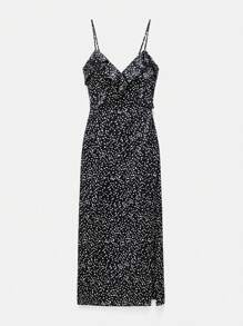 Maija 女士黑色梭织缎面波尔卡圆点荷叶边下摆花卉都市度假现代优雅浪漫长裙，适合外出、度假、派对、音乐节、优雅女士休闲长裙