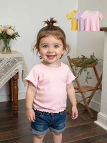 Baby Girl 3-Piece Early Spring Candy Color Gentle Cute Short-Sleeved Crew-Neck Top - Multicolor - View 1