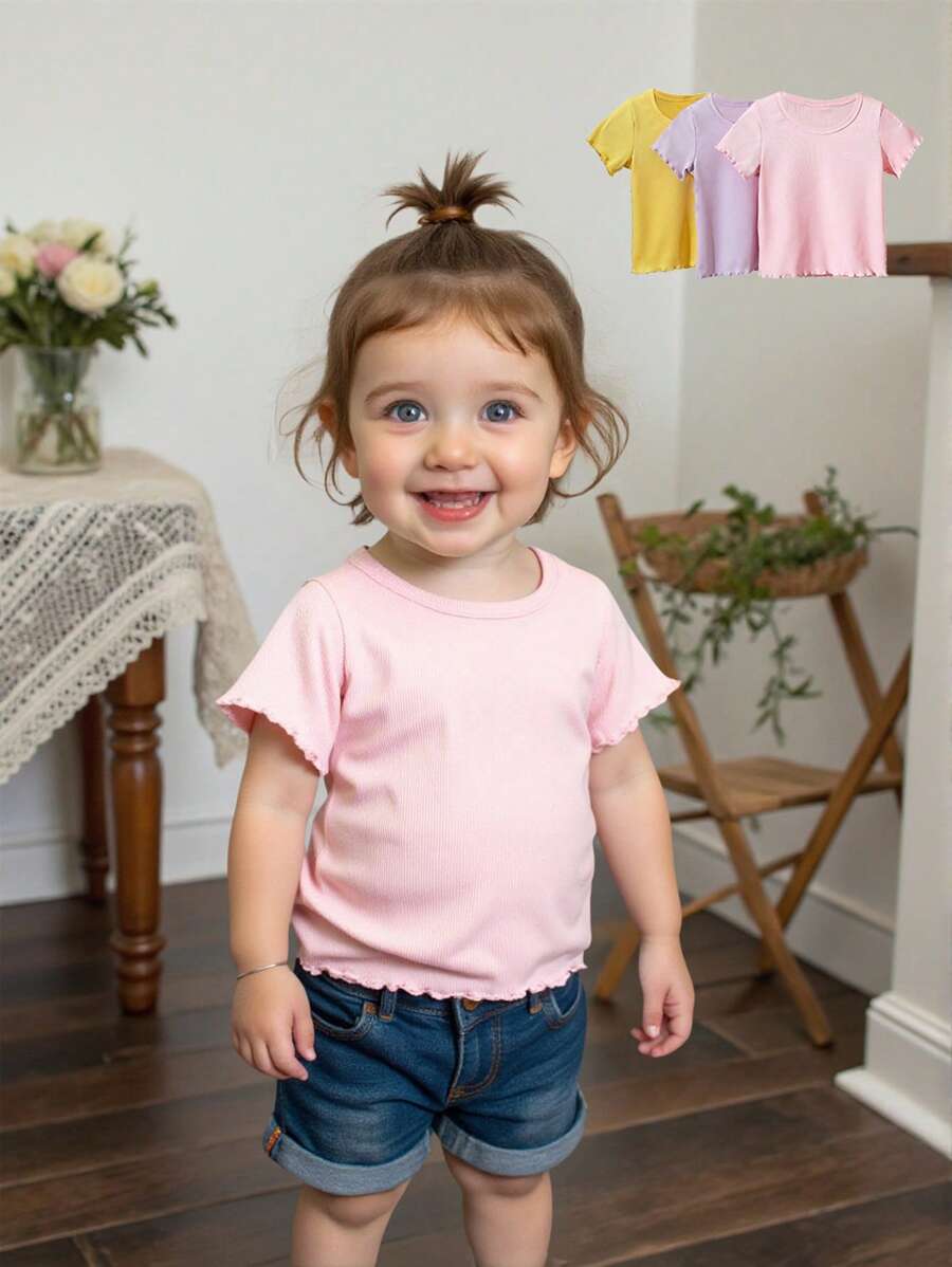 Baby Girl 3-Piece Early Spring Candy Color Gentle Cute Short-Sleeved Crew-Neck Top - Multicolor - View 1