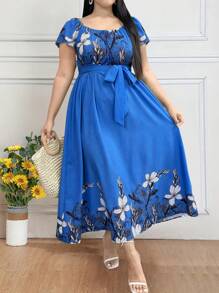 EMERY ROSE Vestido Longo Feminino Plus Size de Verão, com Estampa Floral, Decote Redondo e Manga Curta Raglan, para Conjunto Feminino Longo de Natal - Azul - Visão 1