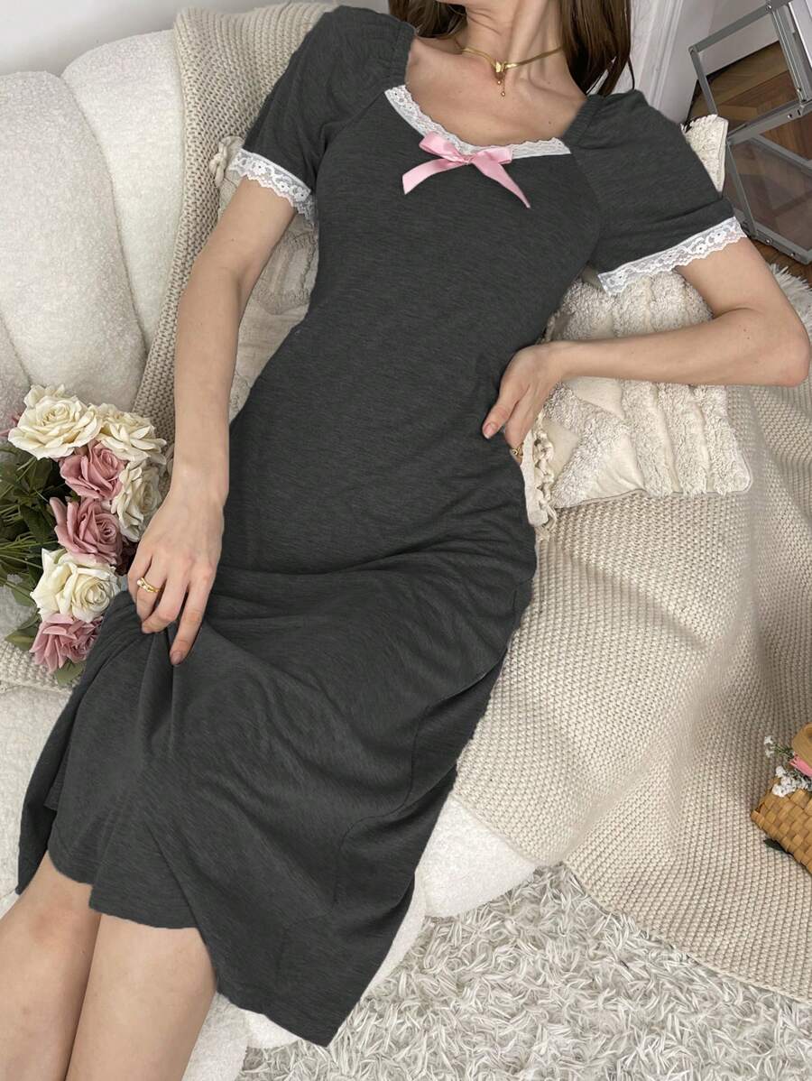 Contrast Color Lace Bow Decoration Women's Sleepwear - Dark Grey - View 1