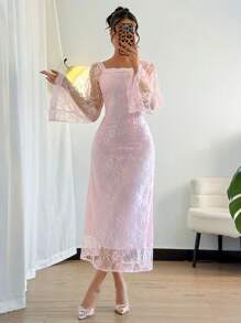 Chiquease Elegant Pink Lace Long Sleeve Lady Dress - Pink - View 6