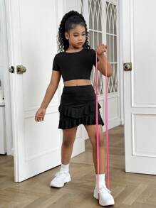 SHEIN Tween Girl Soft Knit Fitted Twisted Back Sports Short Sleeve T-Shirt - Black - View 3