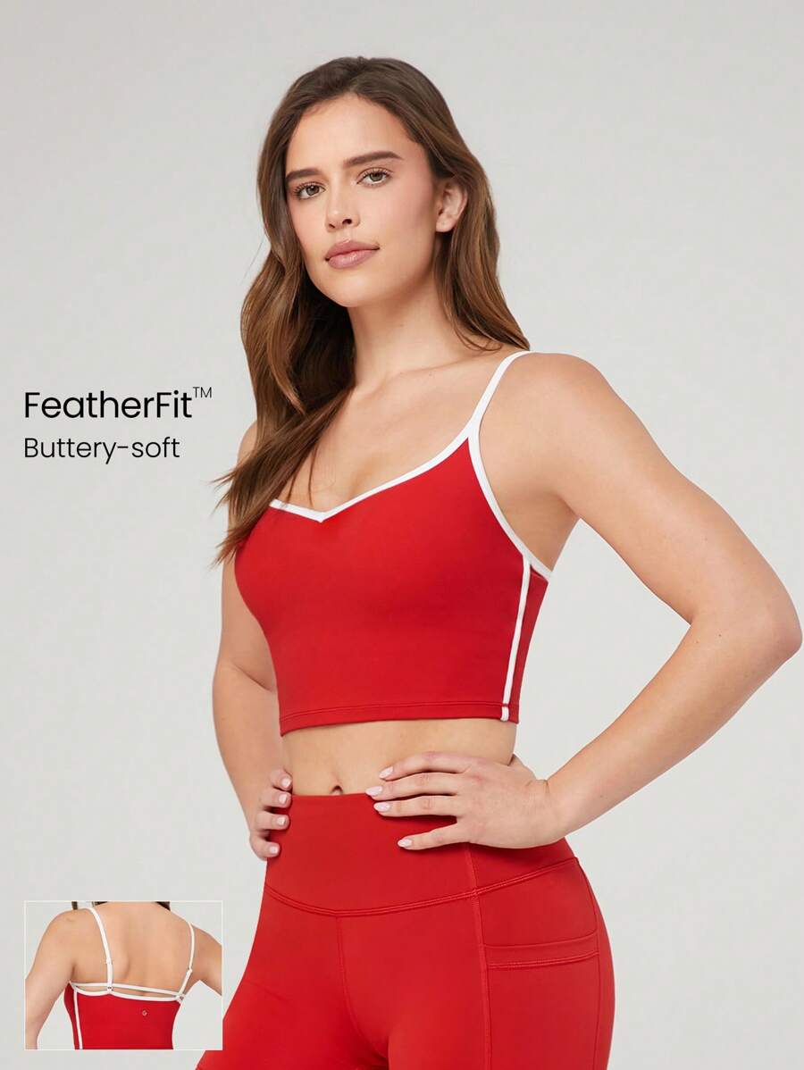 GLOWMODE FeatherFit™ Streamline Contrast Color Sweetheart Neck Adjustable Straps Active Tank Top Low Impact Yoga Pilates Studio Daily Removable Cups - Red - View 1