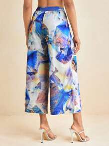 EBIB 夏季蓝色印花网眼直筒宽松裤度假休闲裤