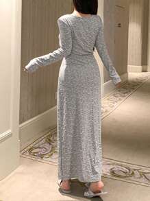 DAZY Long Ditsy Floral V-Neck Drawstring Waist Design Nightgown, Pajama, For Fall, Winter - Grey - View 2