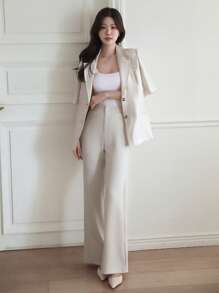 DAZY 女式蕾丝腰带喇叭裤，返校服装女式正装裤 - 米色 - 查看 4