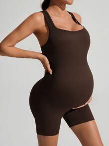 SHEIN Pregnant Women's Sports Jumpsuit: Super High Rise Belly Support Maternity Leggings, High Stretch - Coffee Brown - View 5
