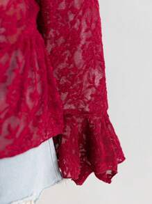 SHEIN WYWH Chemise T à manches évasées asymétriques, col en V, imprimé floral ajouré, avec nœud papillon, coupe asymétrique, pour femmes grandes tailles, couleur rouge, pour le printemps, les vacances, la Saint Valentin