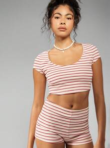 MISSGUIDED Top corto acanalado a rayas, casual de verano de manga corta, cuello de pico, ajustado, camiseta esencial para playa, vacaciones, festivales y uso diario