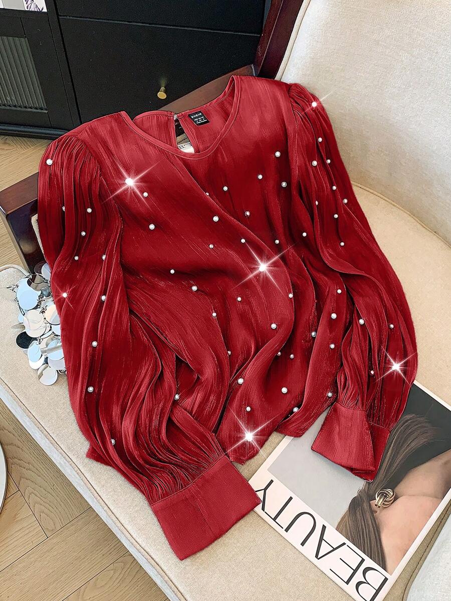 SHEIN Clasi Women's Romantic Valentine's Day Shiny Satin-Like Fabric French Style Heavily Studded Elegant Blouse Fall Cloth For Women - Burgundy - View 1