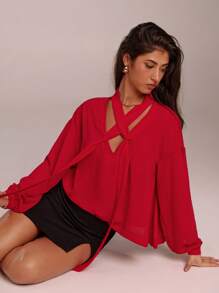 Forever 21 Elegante rote Chiffon-Criss-Cross-Blusenkombination mit Schleife für Frauen, geeignet für Büro und Pendeln im Frühling - Rot - Übersicht 7