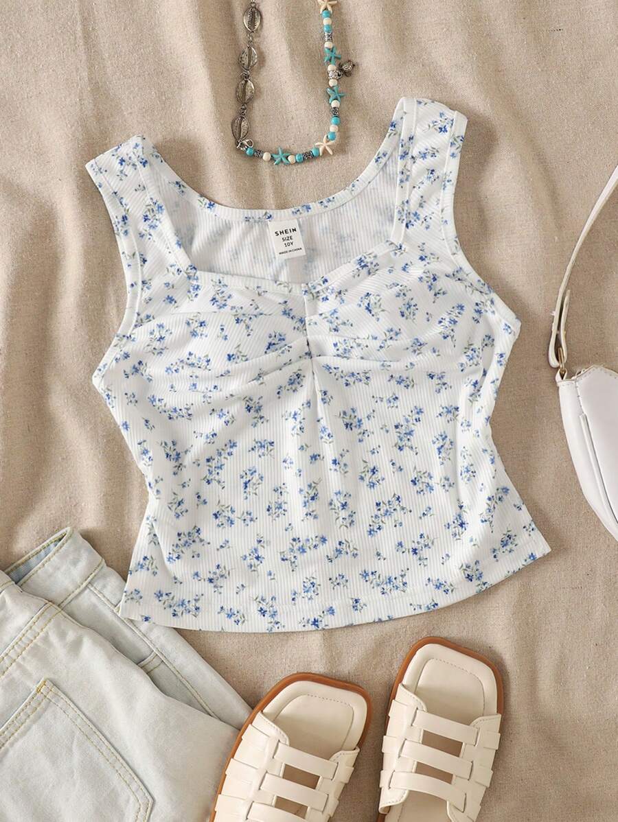 Tween Girl Ribbed Micro Ditsy Floral Front Ruffle Casual Tank Top ...