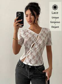 SHEIN Essnce Blusa asimétrica de mujer con flores de encaje y botones delanteros, top de encaje, para Pascua/conciertos, festivales de música de verano y vacaciones - Albaricoque - Ver 3