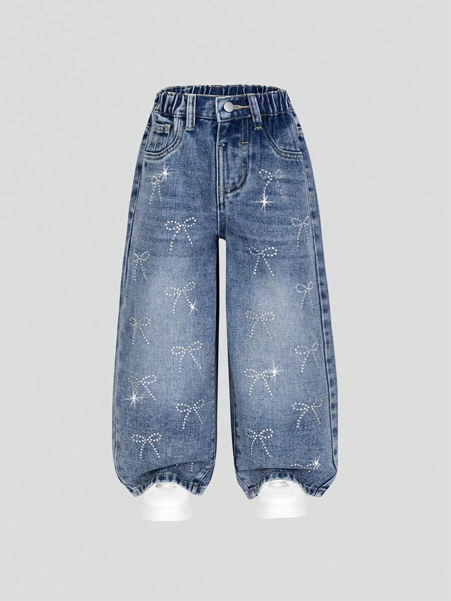 Girls Fashion Washed Denim Blue Casual Versatile Comfortable Wide Leg Butterfly Rhinestone Elastic Waist Jeans - Medium Wash - View 1