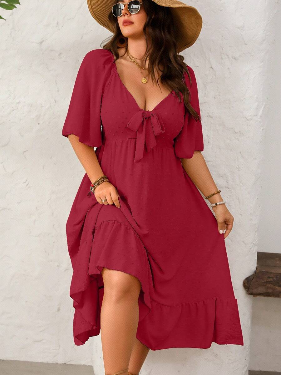 SHEIN Clasi Plus Size 3D Cut-Out Flare Hem Short Sleeve Dress - Red - View 1